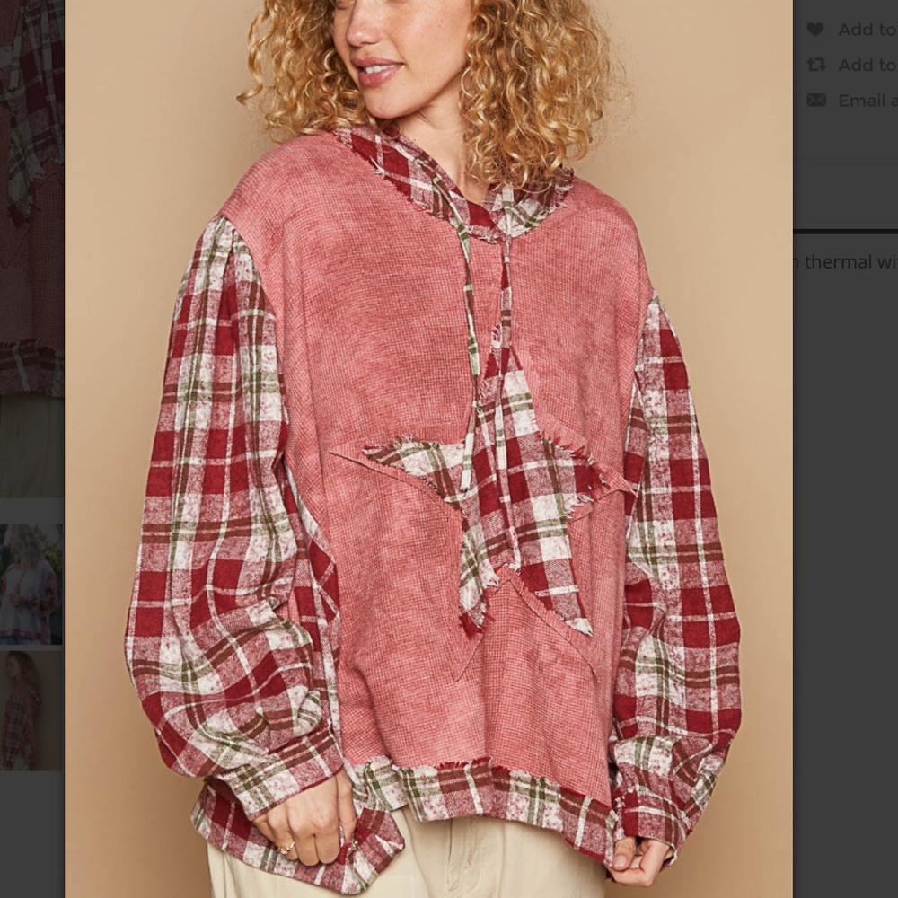 POL Red Plaid Star Patch top in thermal hoodie super soft relaxed fit